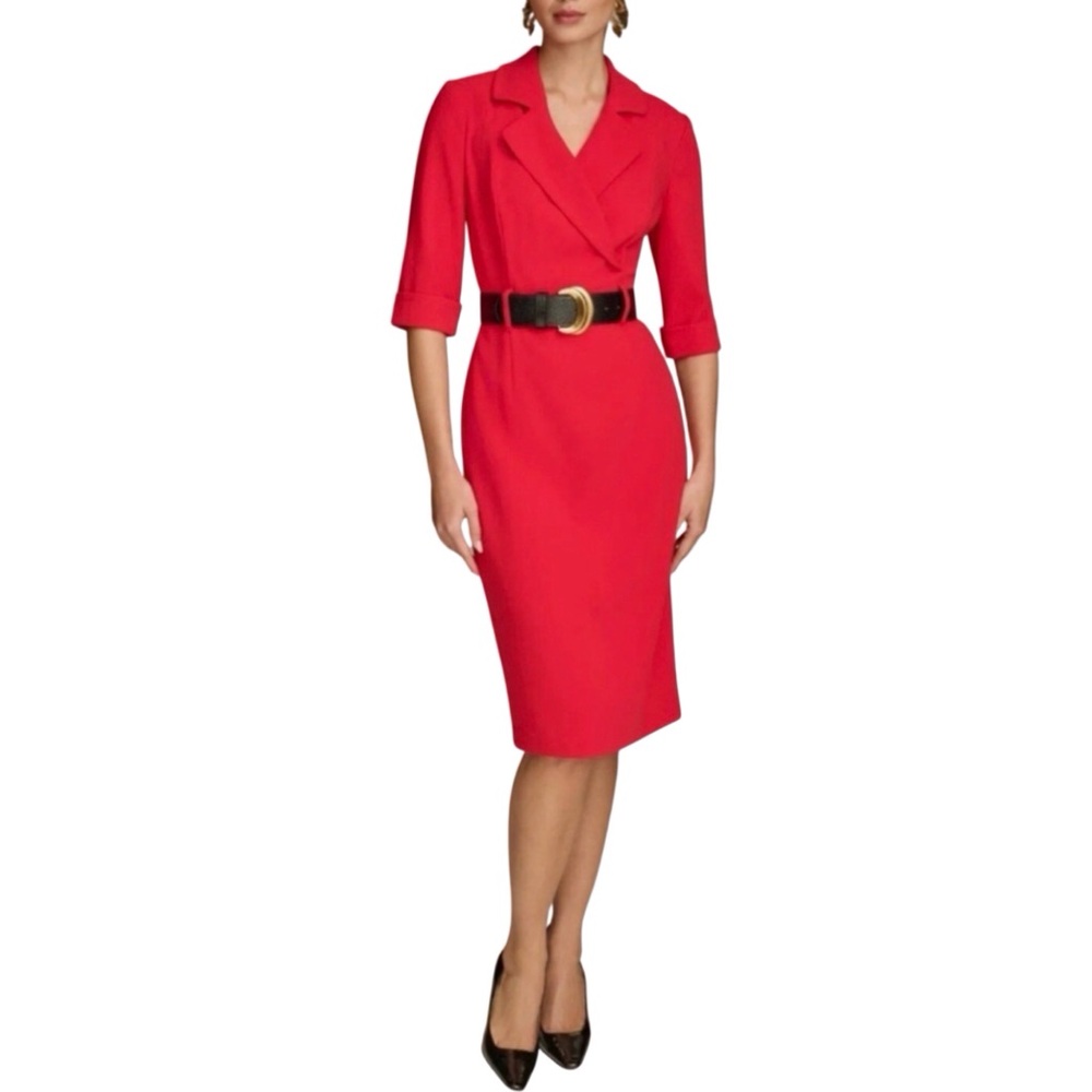 Donna Karan Belted V Neck Faux Wrap Blazer Dress Size 6